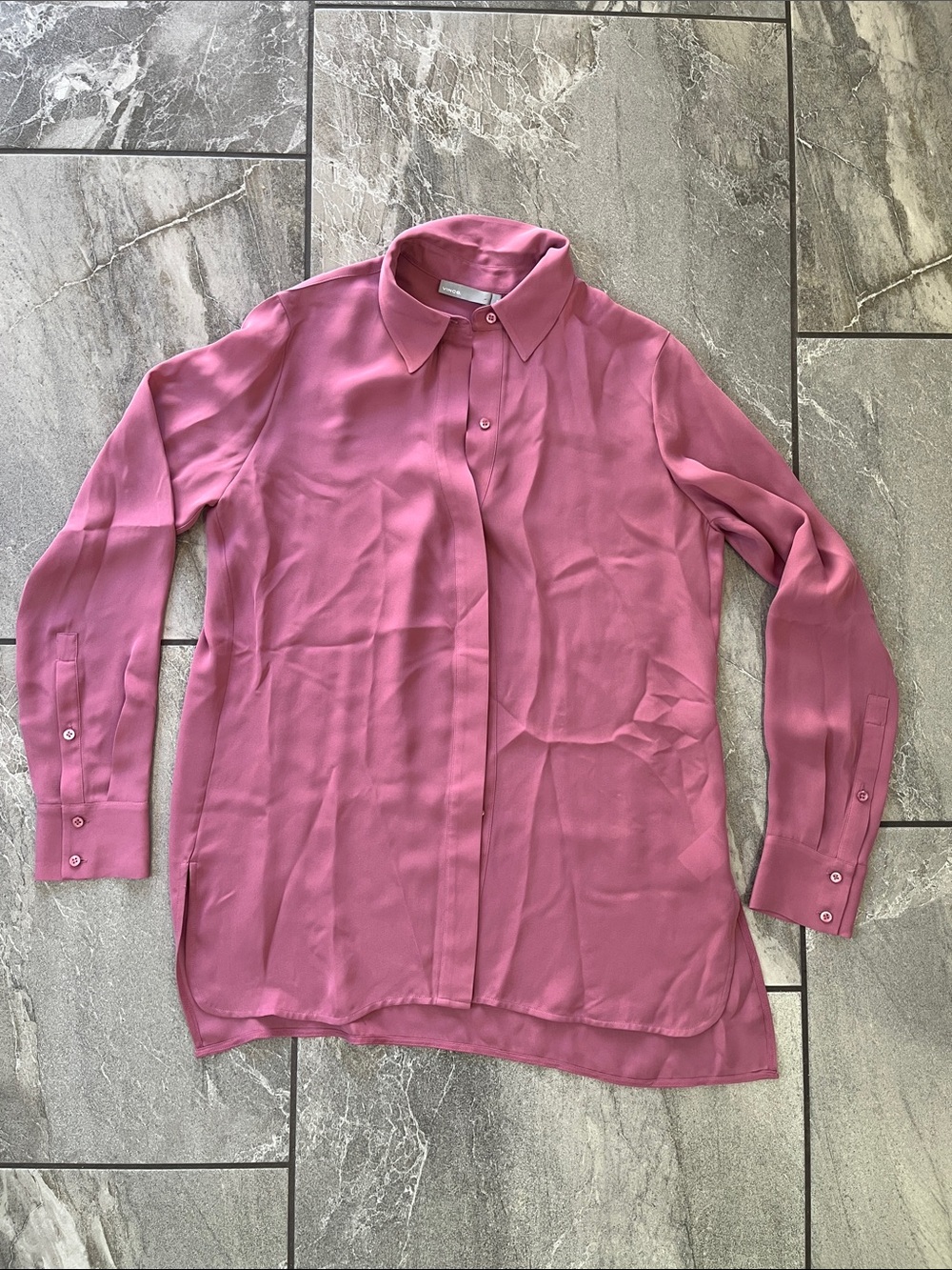 🤍 Vince 100% Silk Button Down Mauve Dusty Rose Size 10 Longer Length